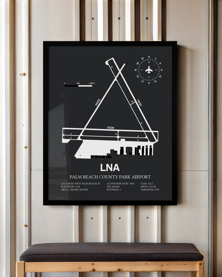 Framed Detailed Airport Map of Palm Beach County Park Airport (LNA) in Gray with a Black Frame