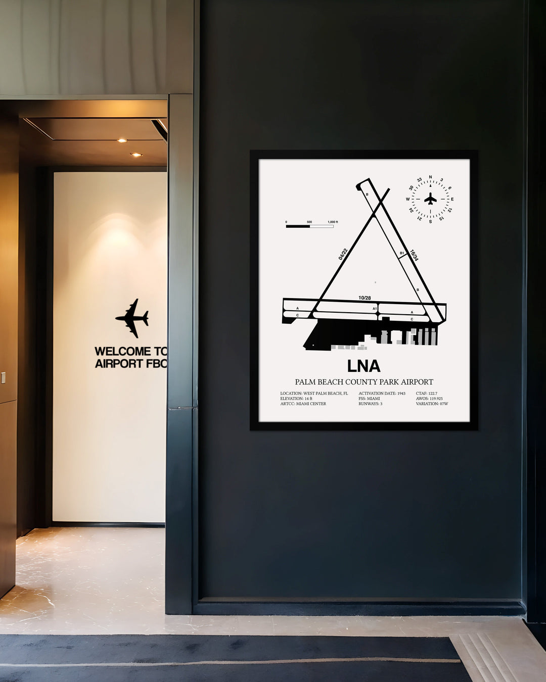 Framed Detailed Airport Map of Palm Beach County Park Airport (LNA) in White with a Black Frame