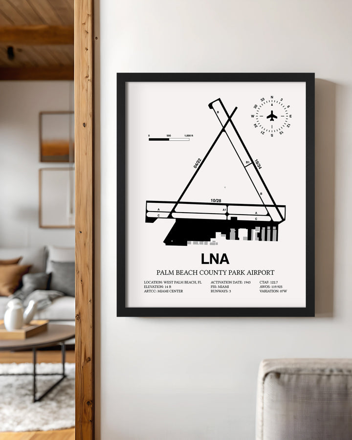 Framed Detailed Airport Map of Palm Beach County Park Airport (LNA) in White with a Black Frame
