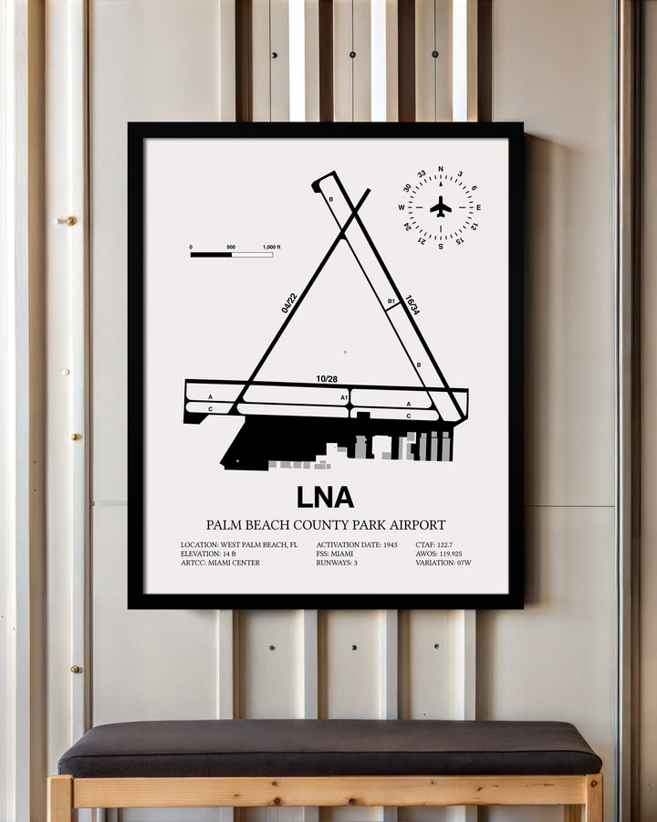 Framed Detailed Airport Map of Palm Beach County Park Airport (LNA) in White with a Black Frame