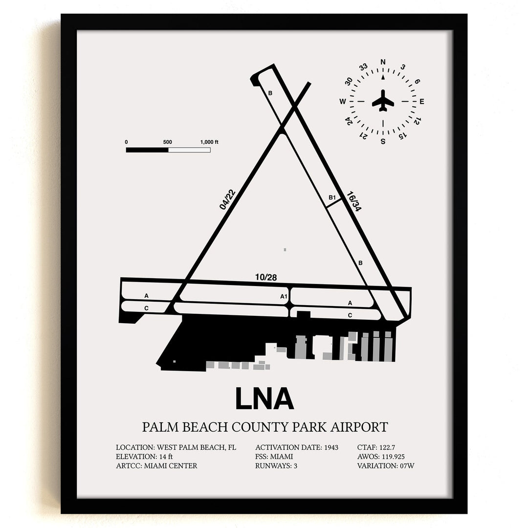 Framed Detailed Airport Map of Palm Beach County Park Airport (LNA) in White with a Black Frame