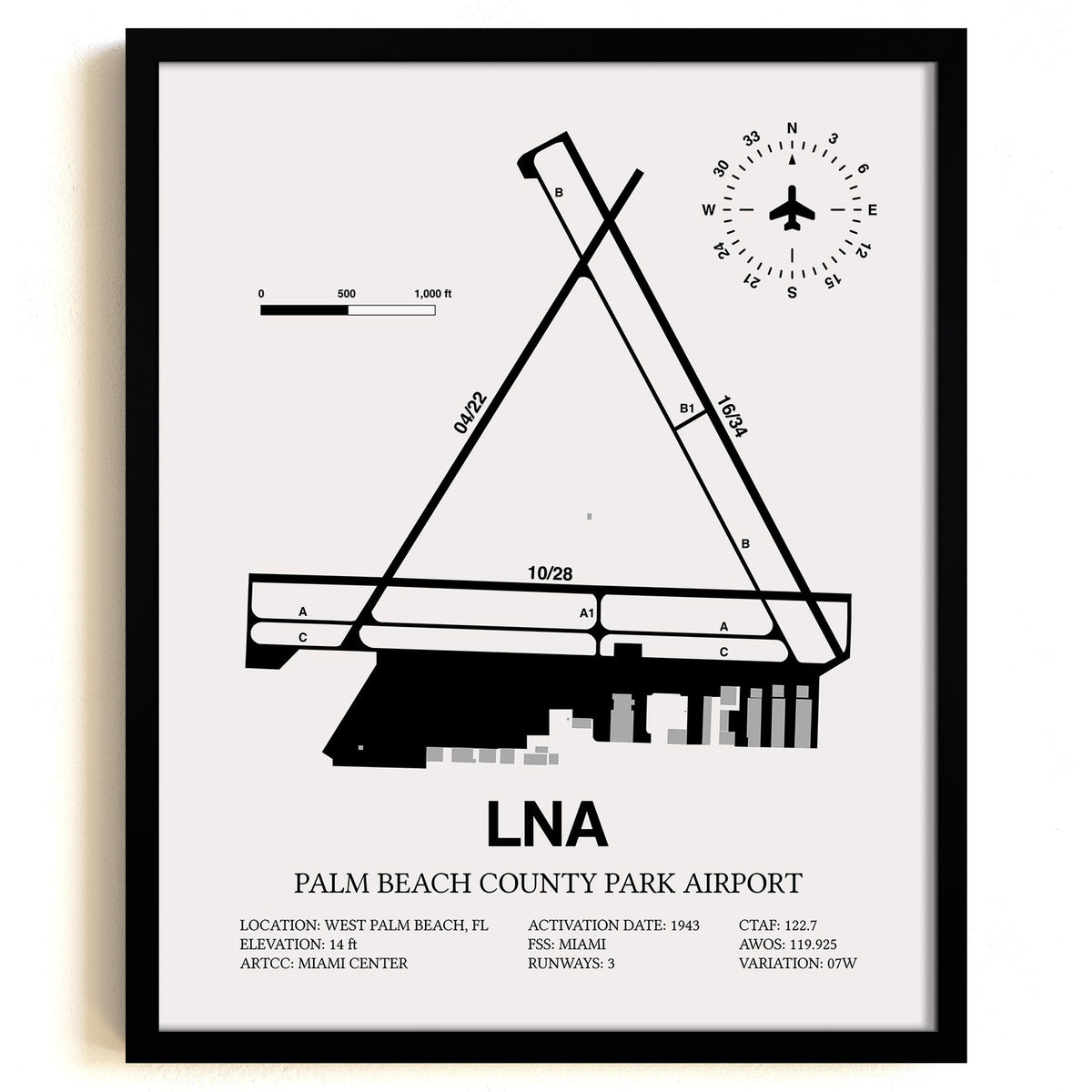 Framed Detailed Airport Map of Palm Beach County Park Airport (LNA) in White with a Black Frame