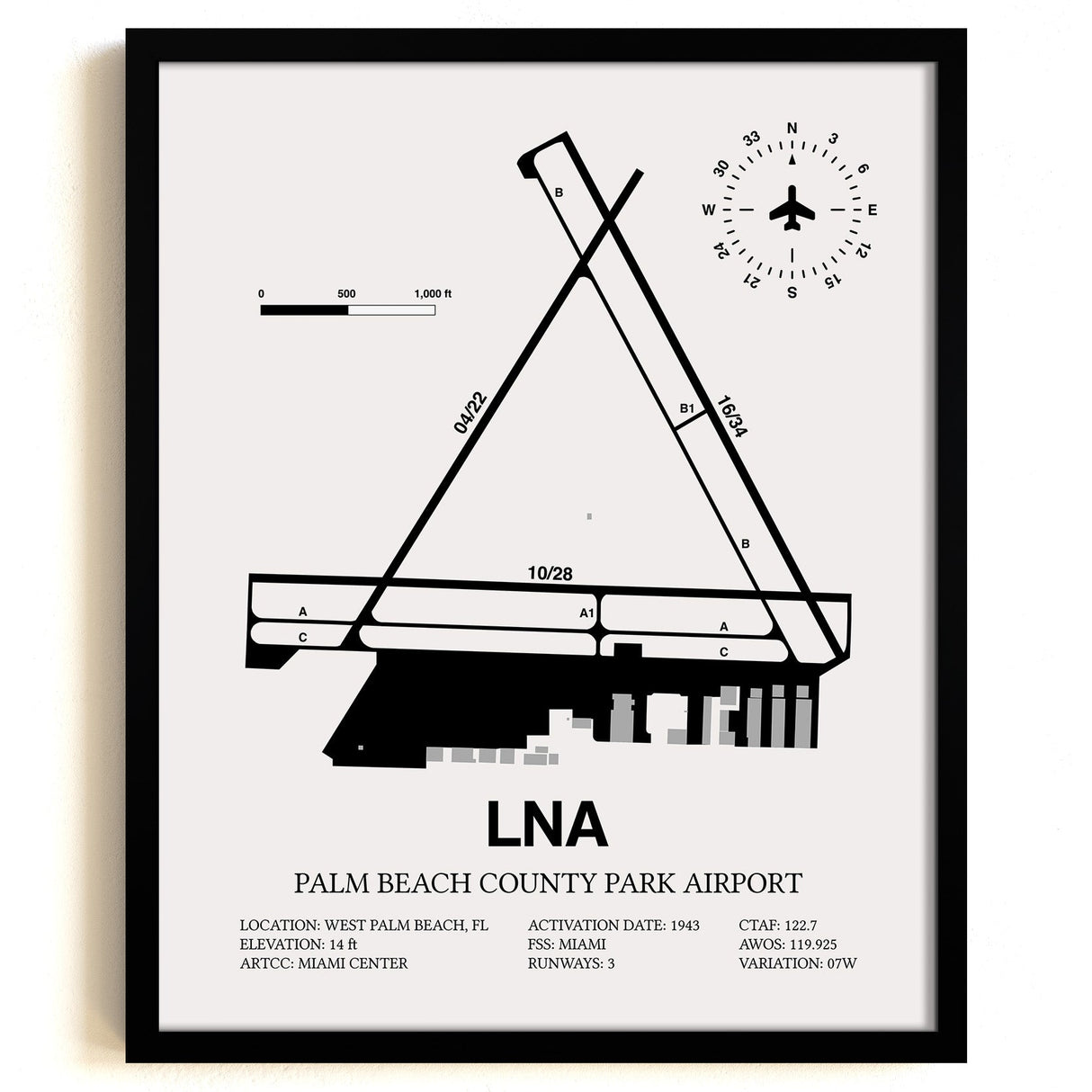 Framed Detailed Airport Map of Palm Beach County Park Airport (LNA) in White with a Black Frame