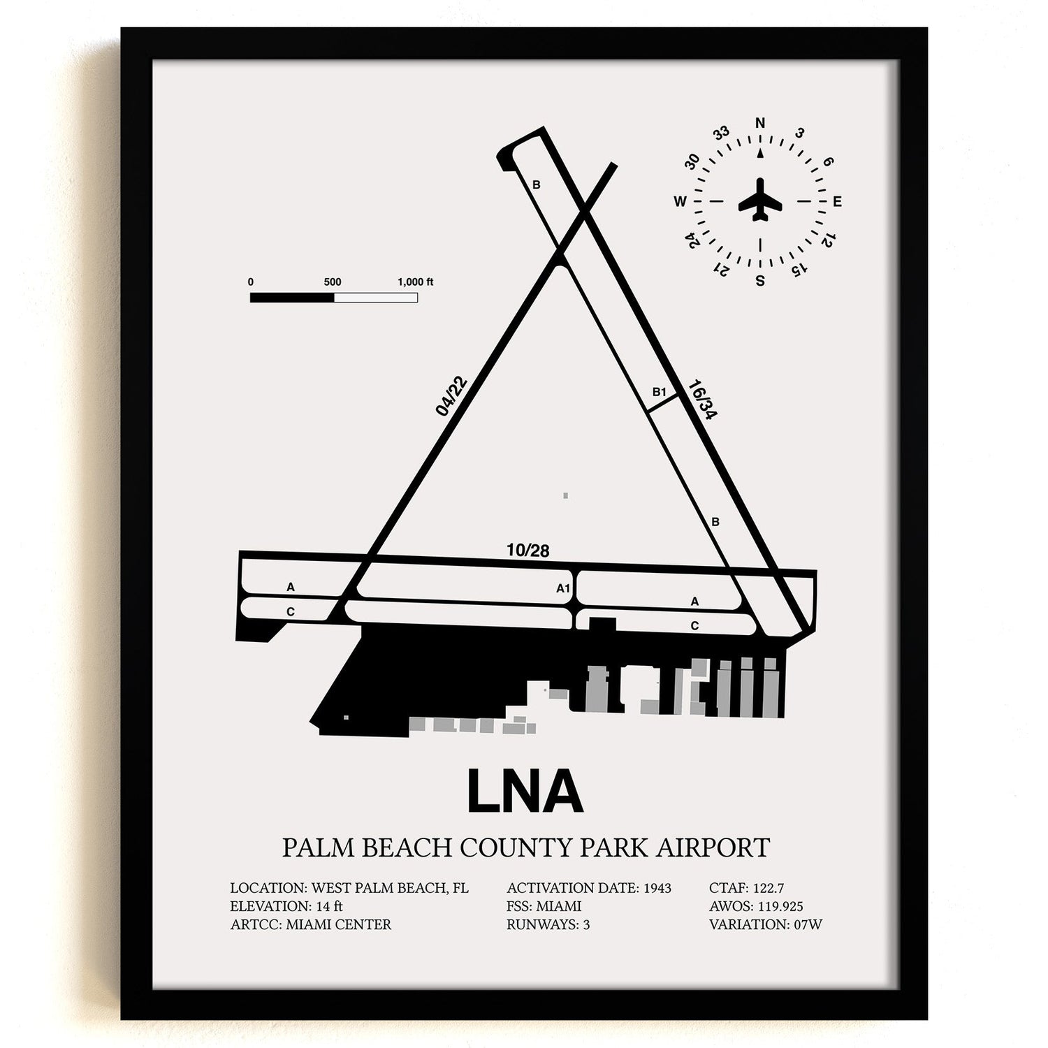 Framed Detailed Airport Map of Palm Beach County Park Airport (LNA) in White with a Black Frame