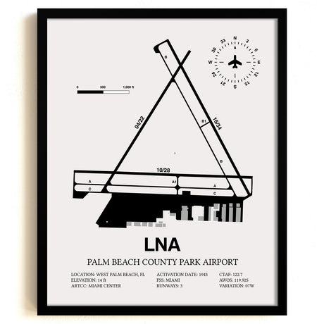 Framed Detailed Airport Map of Palm Beach County Park Airport (LNA) in White with a Black Frame