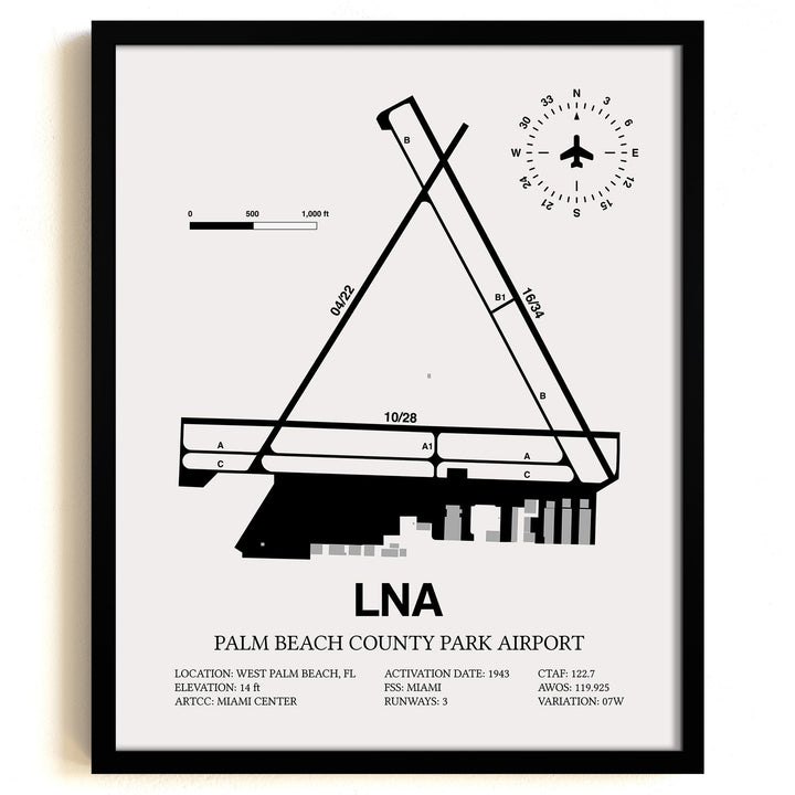 Framed Detailed Airport Map of Palm Beach County Park Airport (LNA) in White with a Black Frame