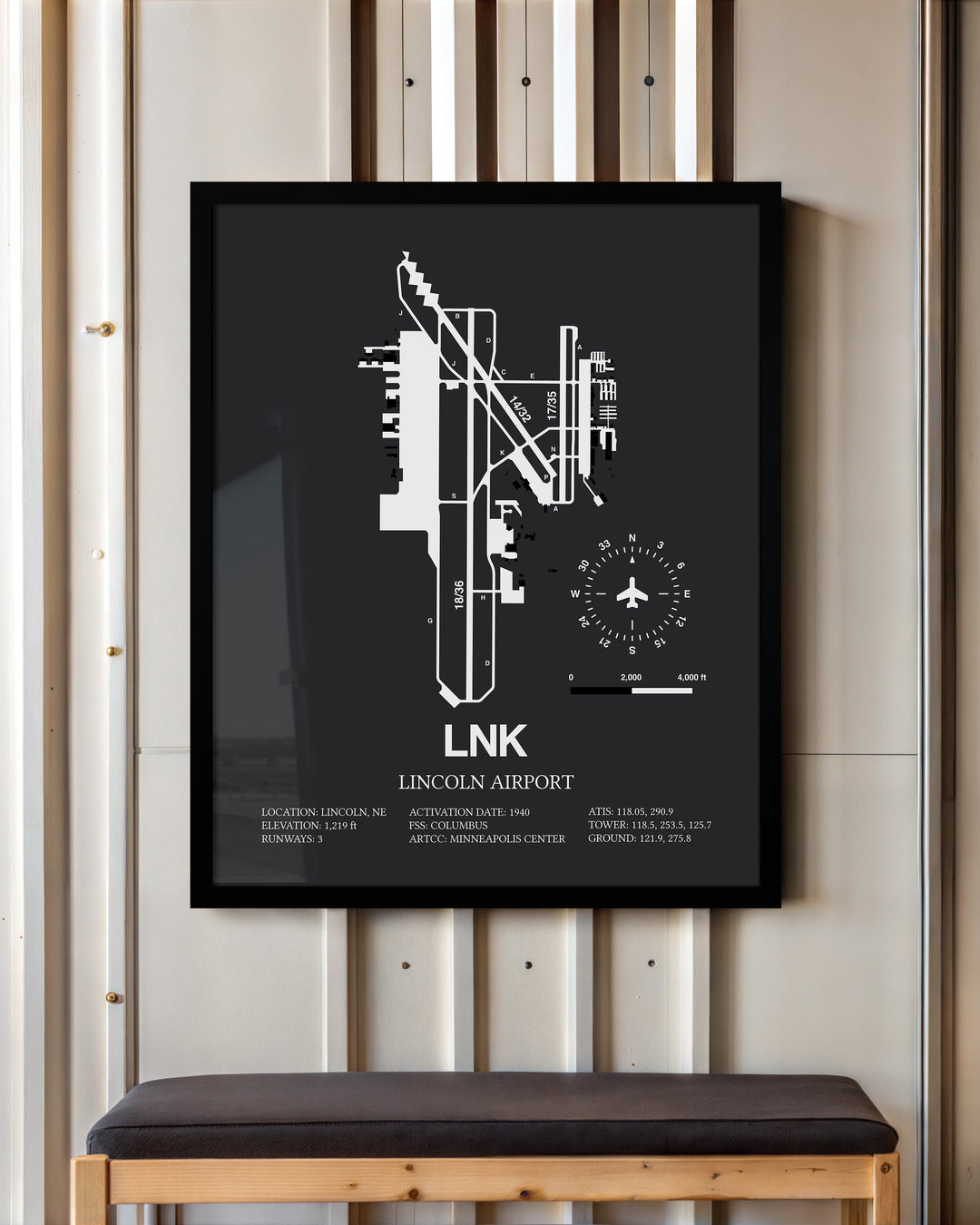 Framed Detailed Airport Map of Lincoln Airport (LNK) in Gray with a Black Frame