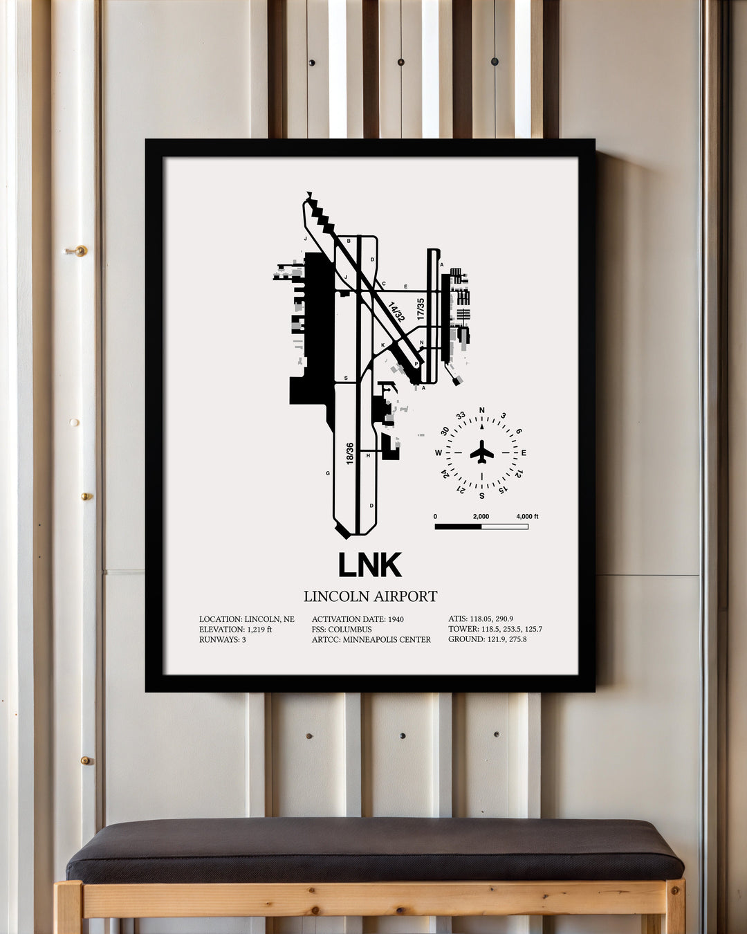 Framed Detailed Airport Map of Lincoln Airport (LNK) in White with a Black Frame