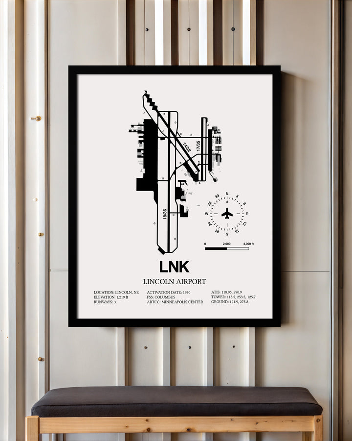 Framed Detailed Airport Map of Lincoln Airport (LNK) in White with a Black Frame