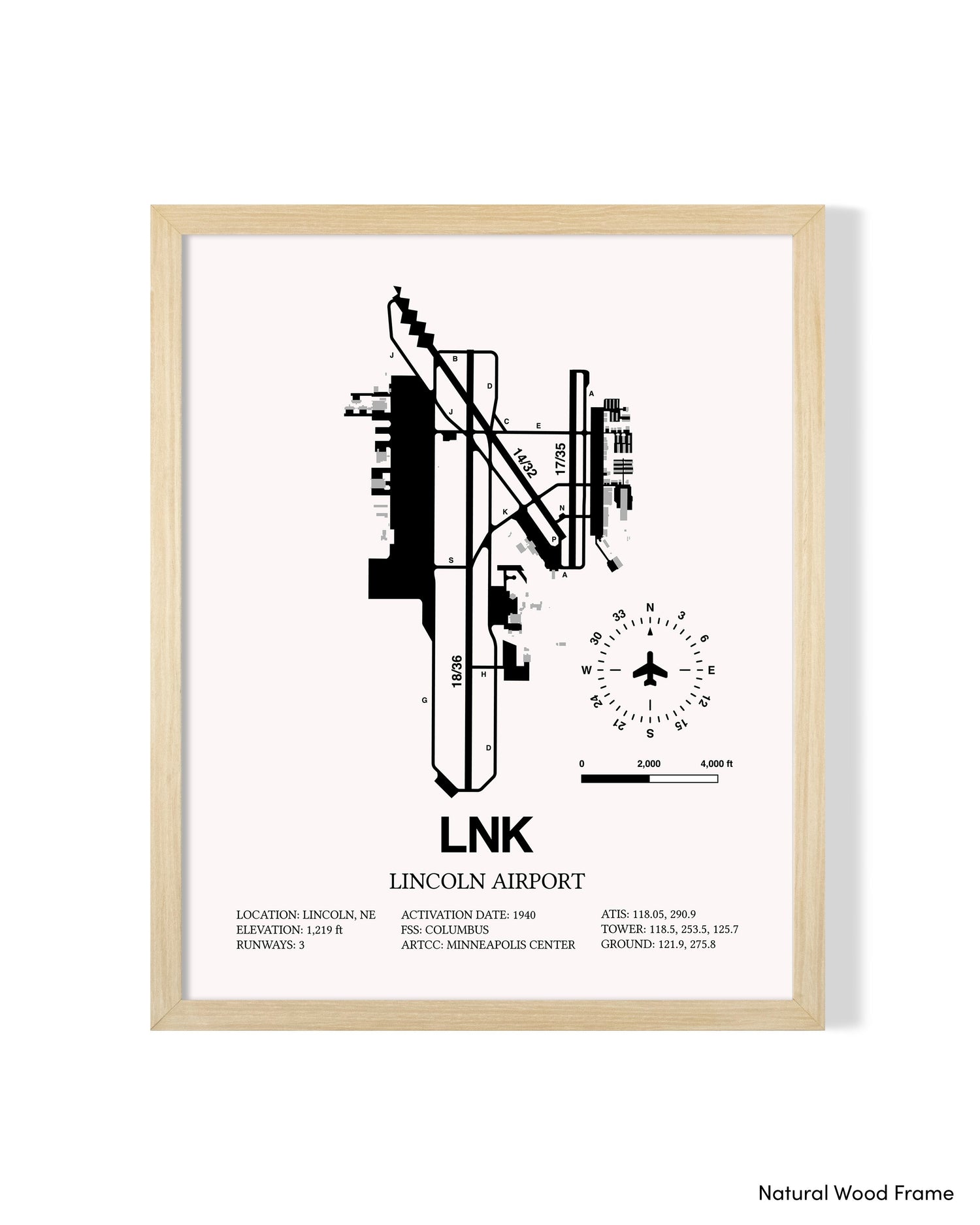 Detailed Airport Map of Lincoln Airport (LNK) in White with a Natural Frame