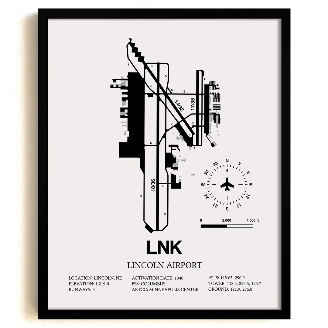 Framed Detailed Airport Map of Lincoln Airport (LNK) in White with a Black Frame