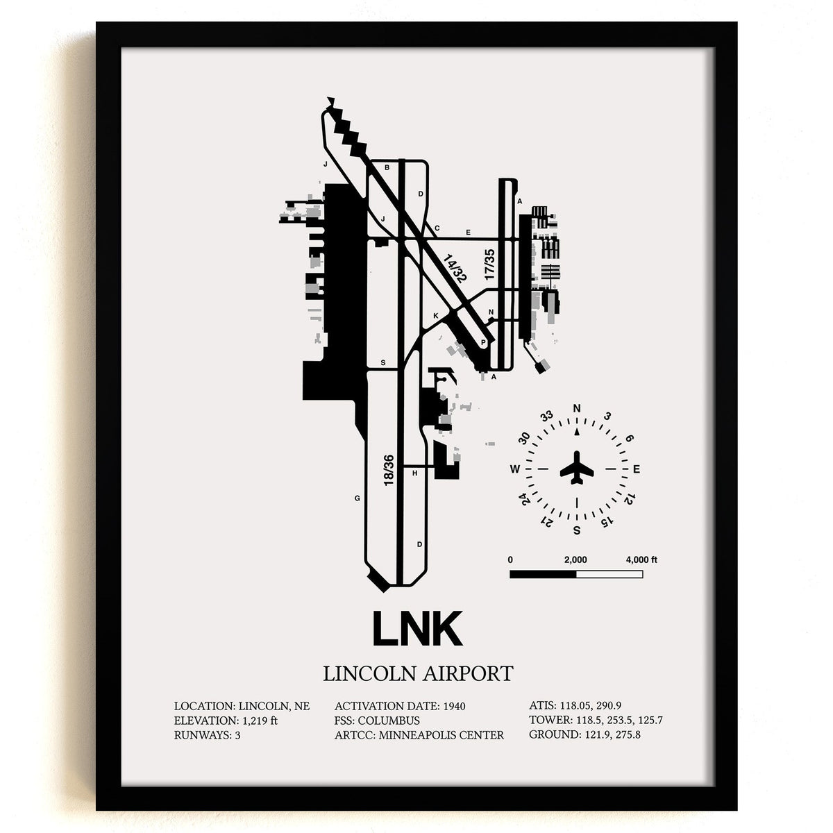 Framed Detailed Airport Map of Lincoln Airport (LNK) in White with a Black Frame