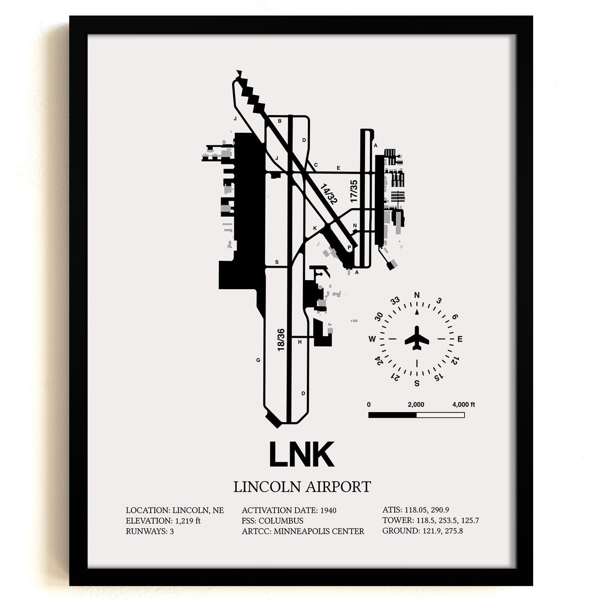 Framed Detailed Airport Map of Lincoln Airport (LNK) in White with a Black Frame