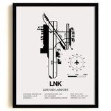 Framed Detailed Airport Map of Lincoln Airport (LNK) in White with a Black Frame