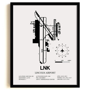 Framed Detailed Airport Map of Lincoln Airport (LNK) in White with a Black Frame