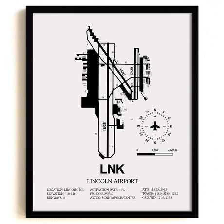 Framed Detailed Airport Map of Lincoln Airport (LNK) in White with a Black Frame