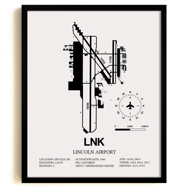 Framed Detailed Airport Map of Lincoln Airport (LNK) in White with a Black Frame
