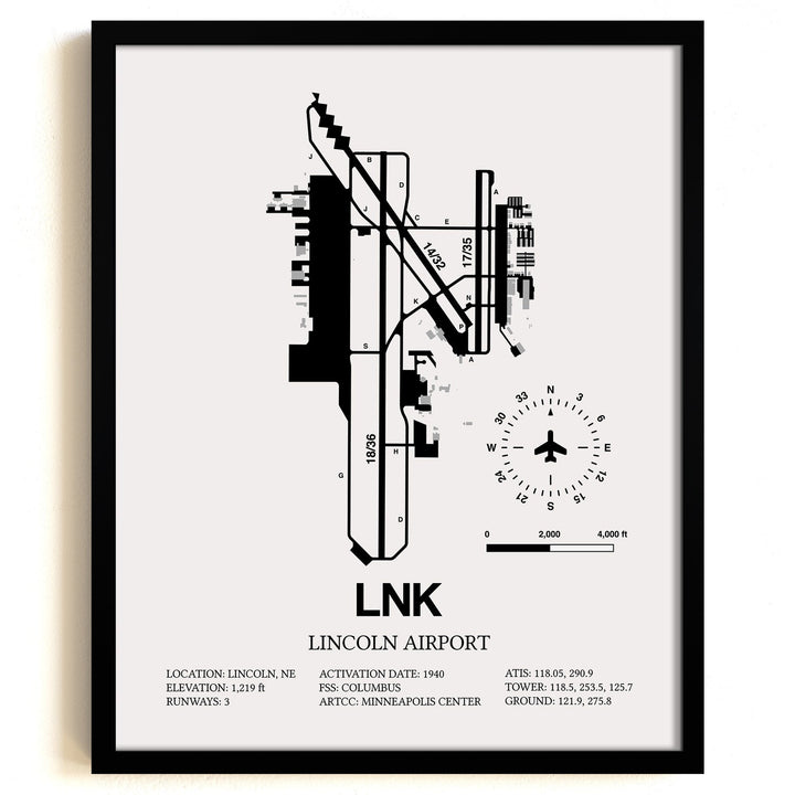 Framed Detailed Airport Map of Lincoln Airport (LNK) in White with a Black Frame