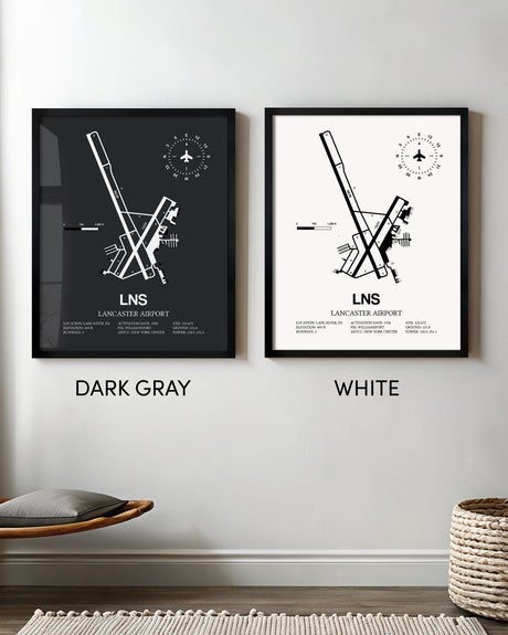 Framed Detailed Airport Map of Lancaster Airport (LNS) in White and Gray