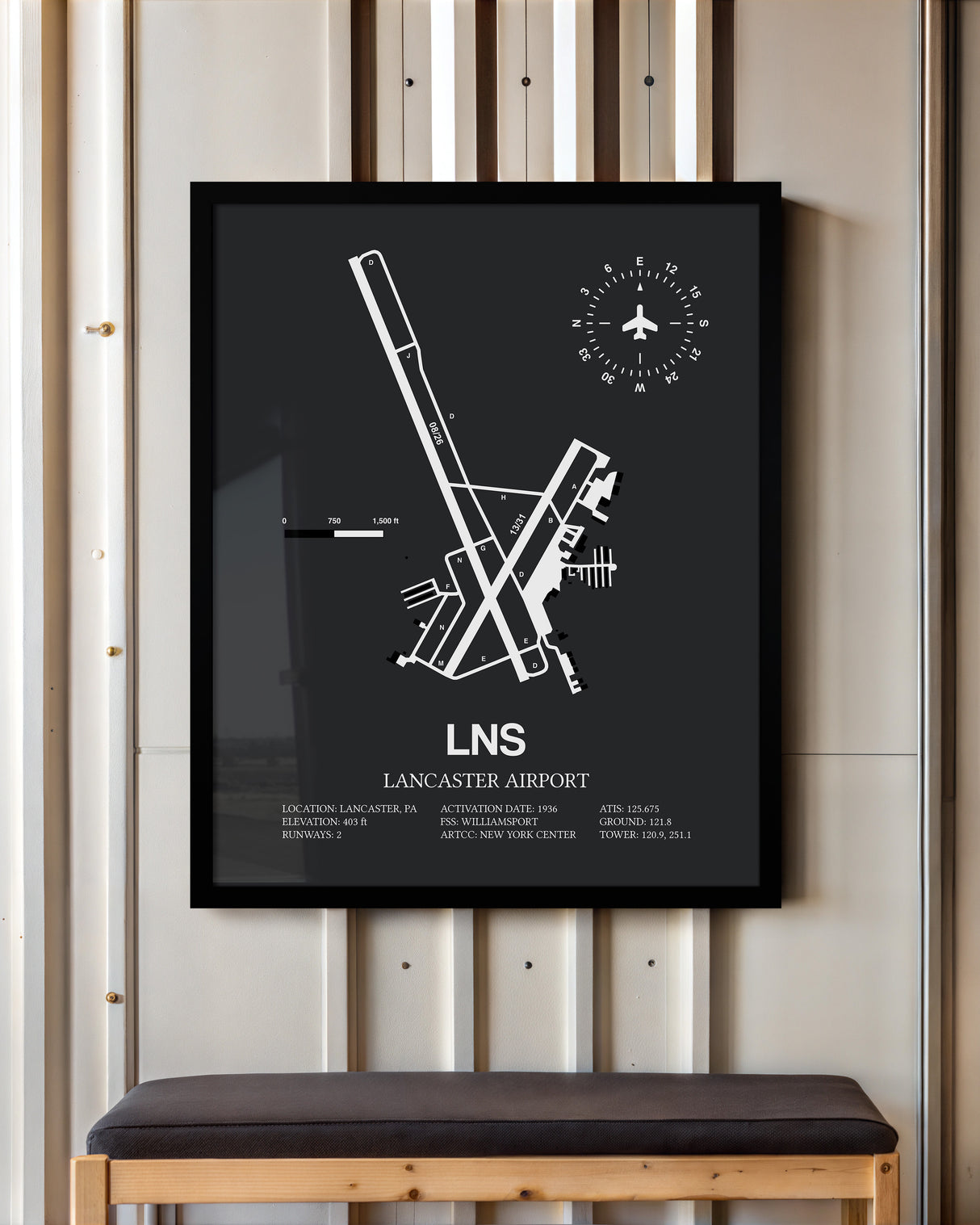 Framed Detailed Airport Map of Lancaster Airport (LNS) in Gray with a Black Frame