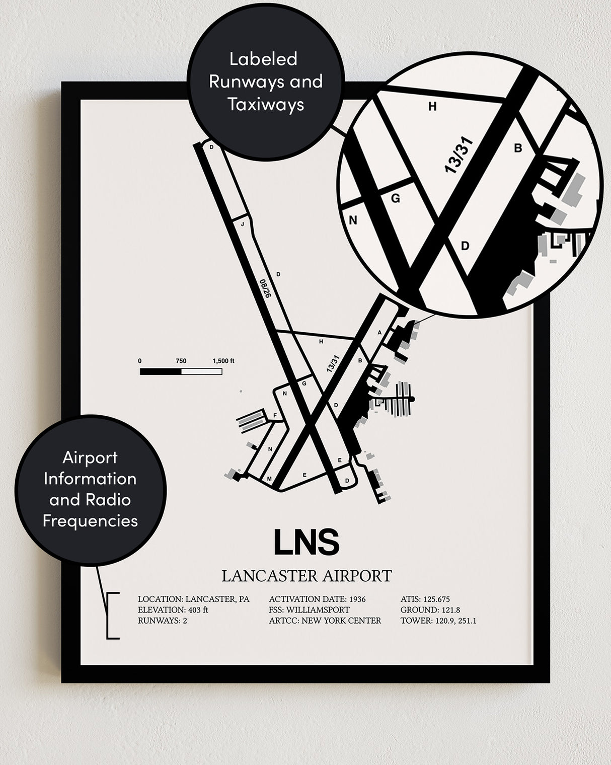 Framed Detailed Airport Map of Lancaster Airport (LNS) in White with a Black Frame