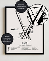 Framed Detailed Airport Map of Lancaster Airport (LNS) in White with a Black Frame