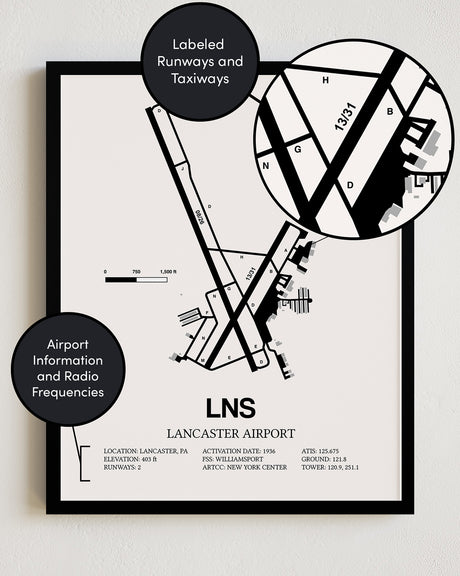 Framed Detailed Airport Map of Lancaster Airport (LNS) in White with a Black Frame