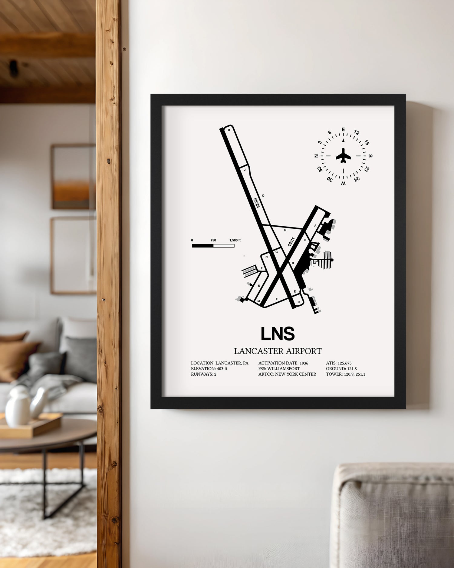Framed Detailed Airport Map of Lancaster Airport (LNS) in White with a Black Frame