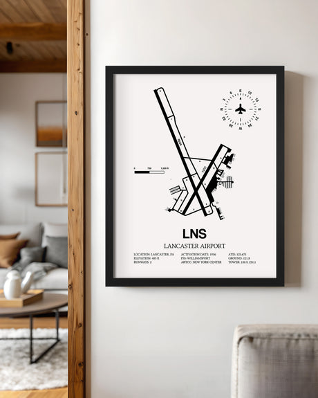 Framed Detailed Airport Map of Lancaster Airport (LNS) in White with a Black Frame