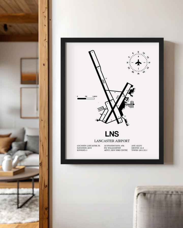Framed Detailed Airport Map of Lancaster Airport (LNS) in White with a Black Frame
