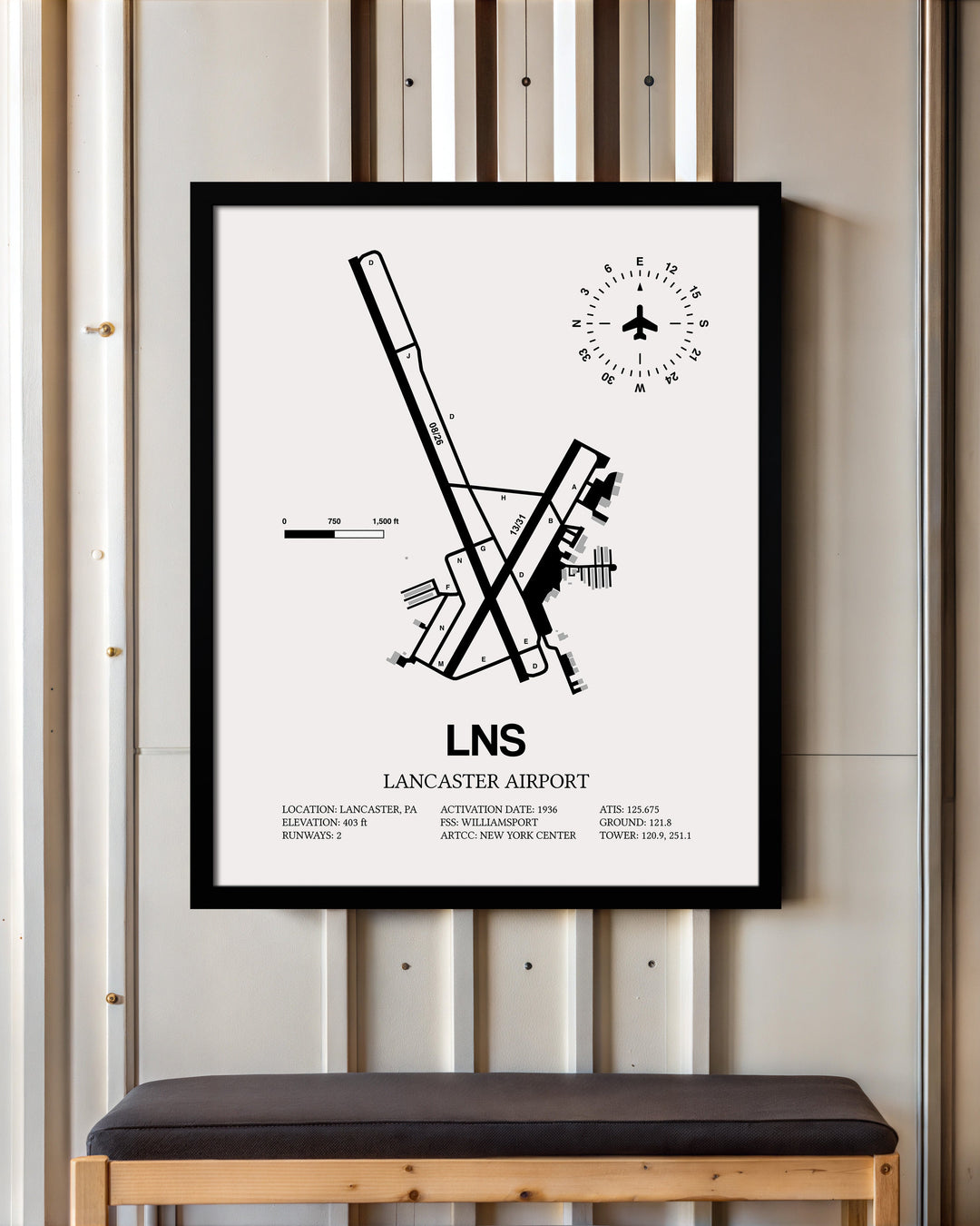 Framed Detailed Airport Map of Lancaster Airport (LNS) in White with a Black Frame