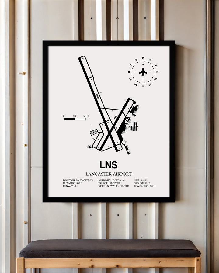 Framed Detailed Airport Map of Lancaster Airport (LNS) in White with a Black Frame
