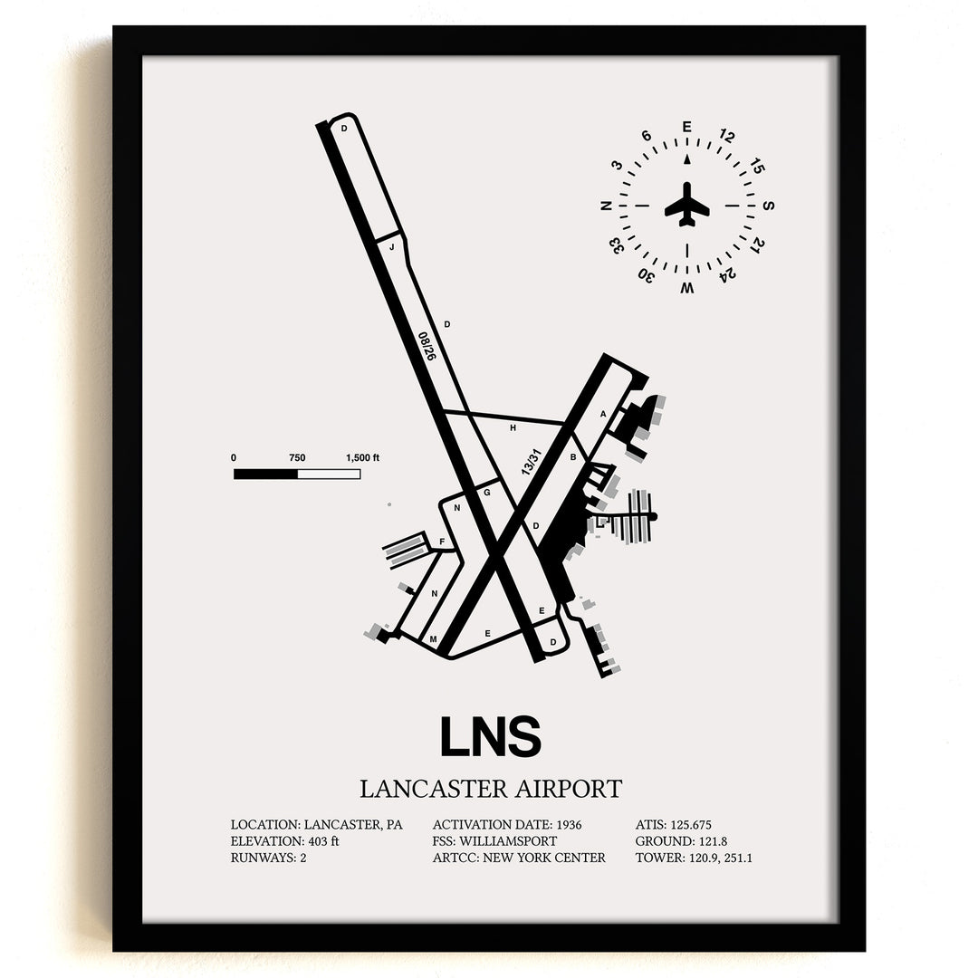 Framed Detailed Airport Map of Lancaster Airport (LNS) in White with a Black Frame