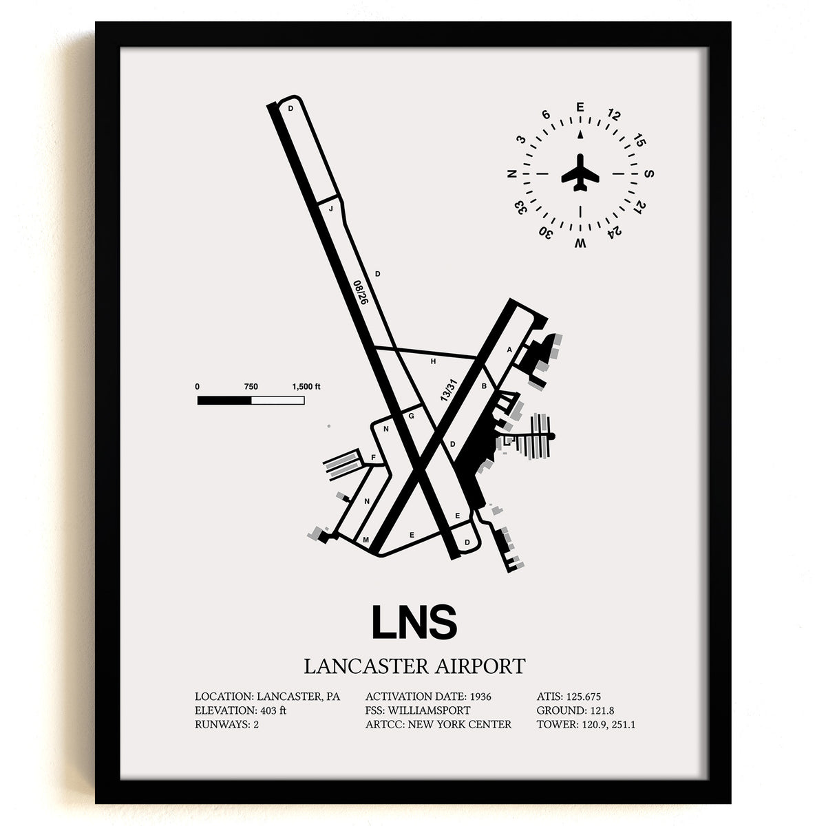 Framed Detailed Airport Map of Lancaster Airport (LNS) in White with a Black Frame