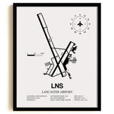 Framed Detailed Airport Map of Lancaster Airport (LNS) in White with a Black Frame