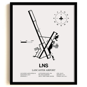 Framed Detailed Airport Map of Lancaster Airport (LNS) in White with a Black Frame