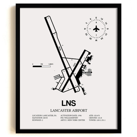 Framed Detailed Airport Map of Lancaster Airport (LNS) in White with a Black Frame