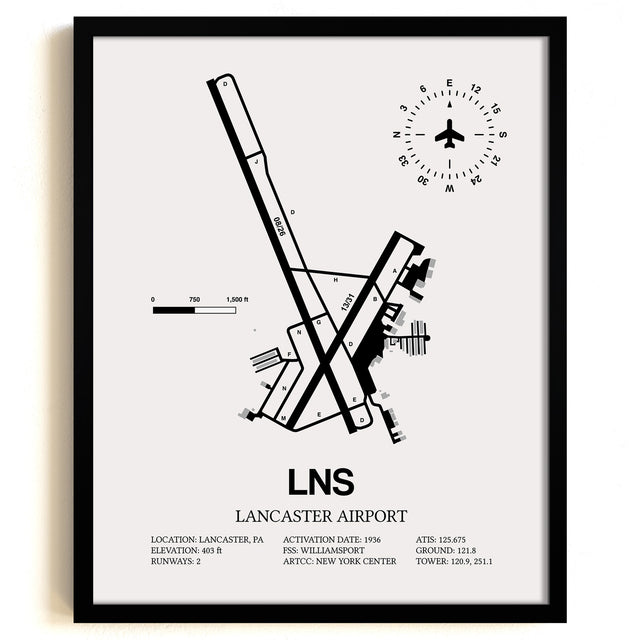 Framed Detailed Airport Map of Lancaster Airport (LNS) in White with a Black Frame