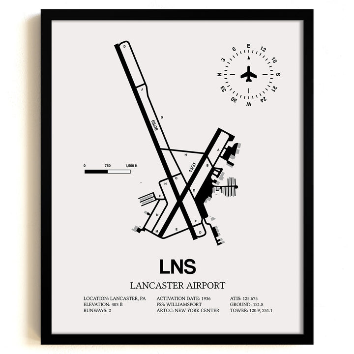 Framed Detailed Airport Map of Lancaster Airport (LNS) in White with a Black Frame