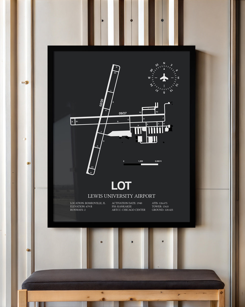 Framed Detailed Airport Map of Lewis University Airport (LOT) in Gray with a Black Frame