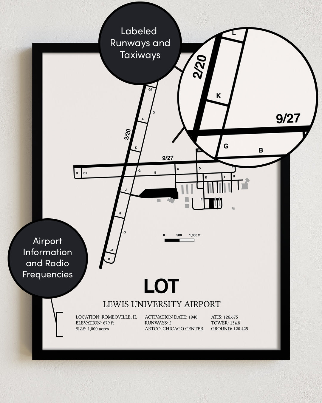Framed Detailed Airport Map of Lewis University Airport (LOT) in White with a Black Frame
