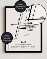 Framed Detailed Airport Map of Lewis University Airport (LOT) in White with a Black Frame