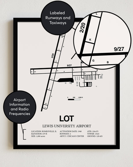Framed Detailed Airport Map of Lewis University Airport (LOT) in White with a Black Frame
