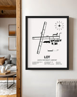Framed Detailed Airport Map of Lewis University Airport (LOT) in White with a Black Frame