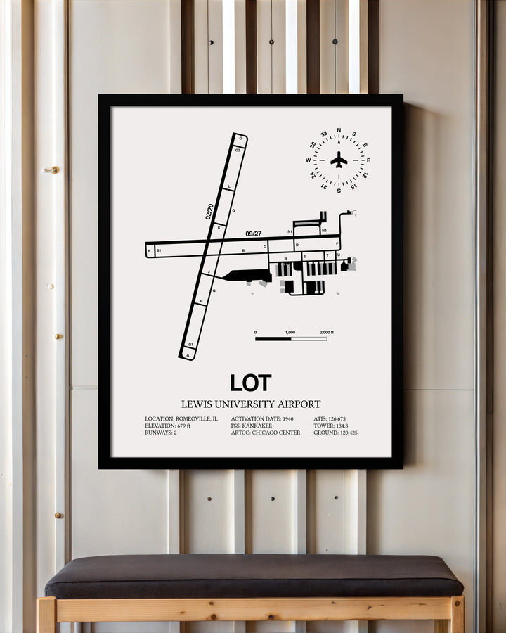Framed Detailed Airport Map of Lewis University Airport (LOT) in White with a Black Frame