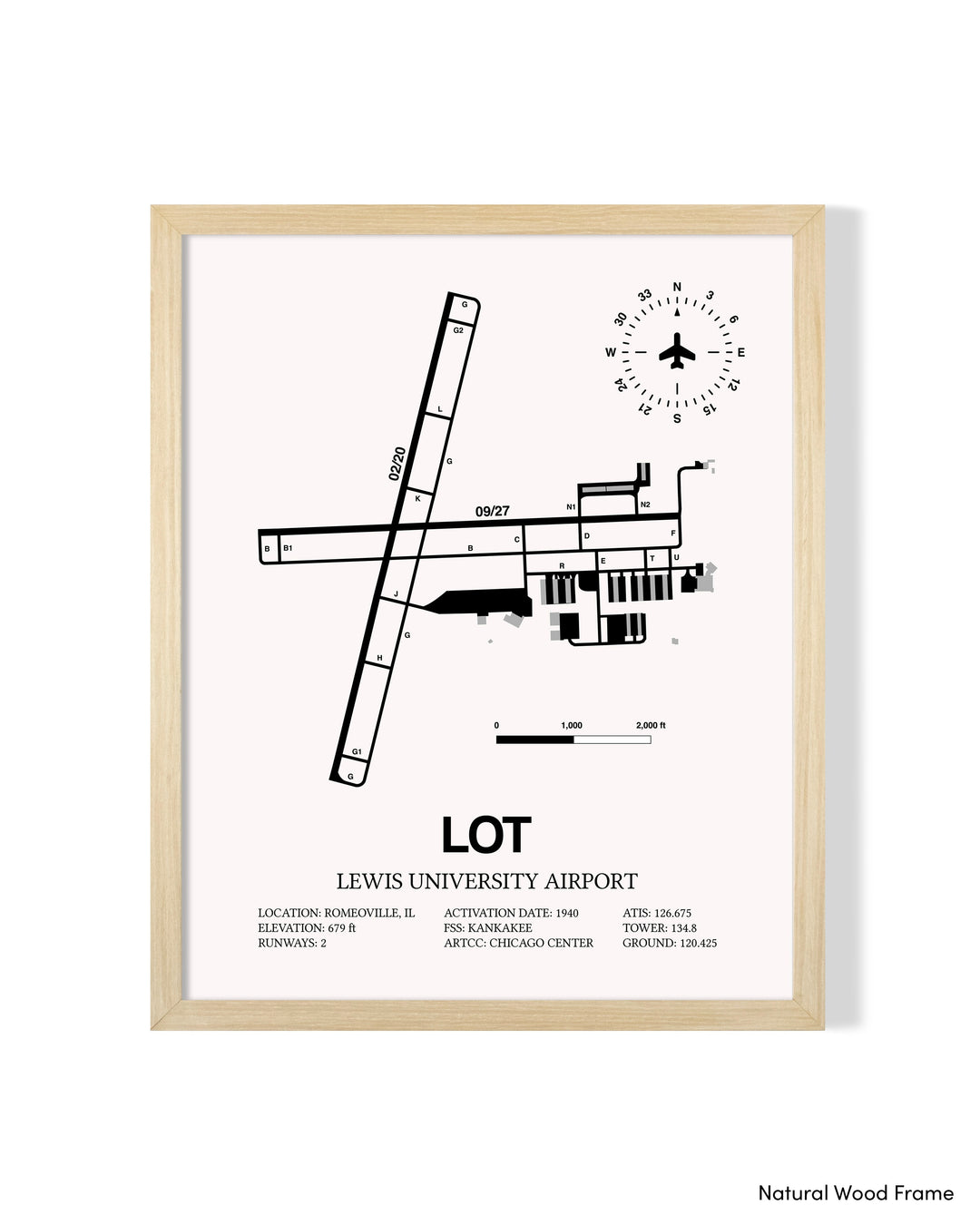 Detailed Airport Map of Lewis University Airport (LOT) in White with a Natural Frame