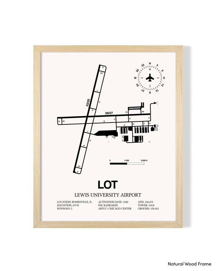 Detailed Airport Map of Lewis University Airport (LOT) in White with a Natural Frame