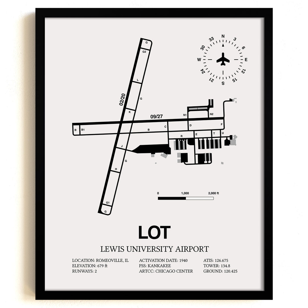 Framed Detailed Airport Map of Lewis University Airport (LOT) in White with a Black Frame