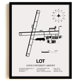 Framed Detailed Airport Map of Lewis University Airport (LOT) in White with a Black Frame