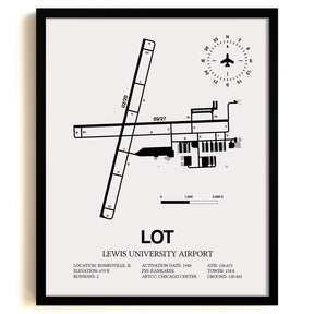 Framed Detailed Airport Map of Lewis University Airport (LOT) in White with a Black Frame
